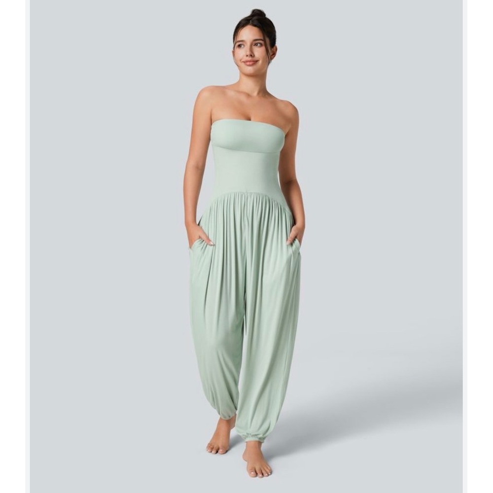 Halara Ribbed Tube Strapless Harem Jumpsuit Fairest Jade Mint Womens Size M NWOT